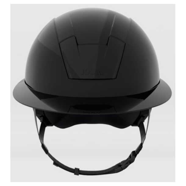 Sort KASK Kooki Lady ridehjelm med blank frontdetalje, skygge og hagerem set forfra