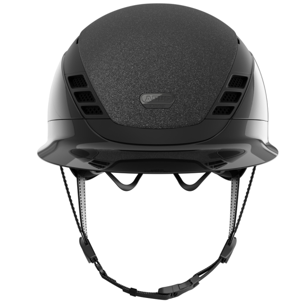 Sort Pikeur ABUS AirLuxe Supreme GLAM blank ridehjelm med stor skygge og hagerem set forfra
