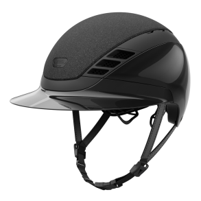 Sort Pikeur ABUS AirLuxe Supreme GLAM blank ridehjelm med stor skygge og hagerem set skr�t fra siden