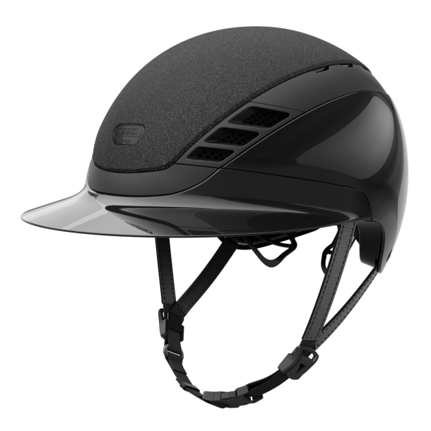 Sort Pikeur ABUS AirLuxe Supreme GLAM blank ridehjelm med stor skygge og hagerem set skr�t fra siden