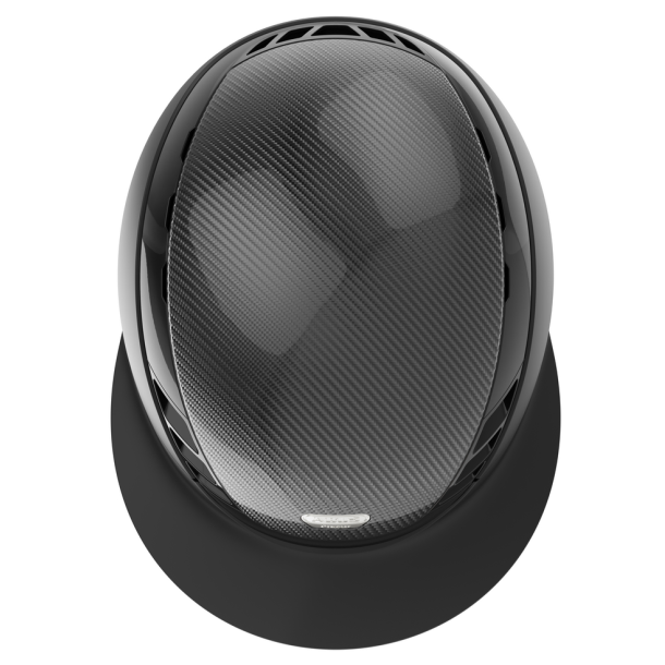 Sort Pikeur ABUS AirLuxe Pure Carbon Style ridehjelm med stor skygge set oppefra
