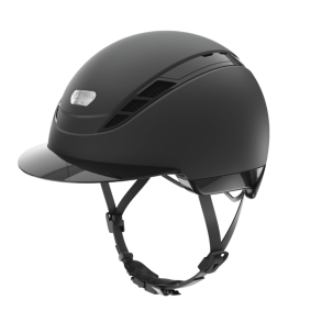 Sort Pikeur ABUS AIRDUO mat ridehjelm med lille blank skygge og hagerem set skr�t fra siden