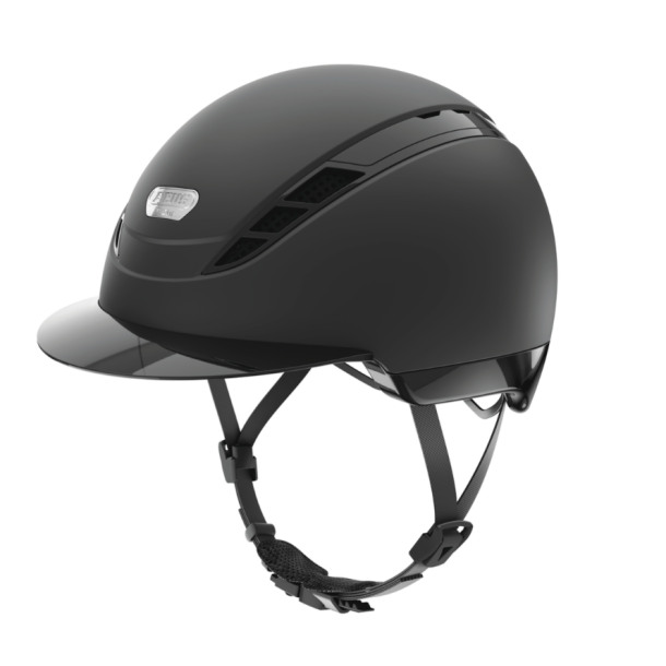 Sort Pikeur ABUS AIRDUO mat ridehjelm med lille blank skygge og hagerem set skr�t fra siden