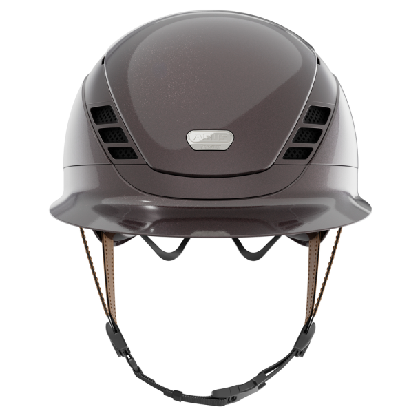 Brun Pikeur ABUS AirLuxe Pure Limited Edition Glossy ridehjelm med stor skygge og hagerem set forfra