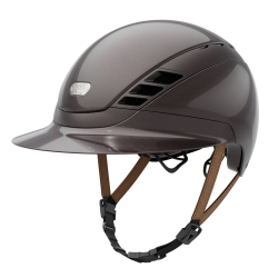 Brun Pikeur ABUS AirLuxe Pure Limited Edition Glossy ridehjelm med stor skygge og hagerem set skr�t fra siden
