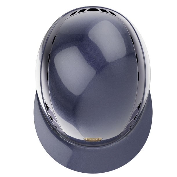 M�rkebl� Pikeur ABUS AirLuxe Pure Limited Edition Glossy ridehjelm med stor skygge og hagerem set forfra