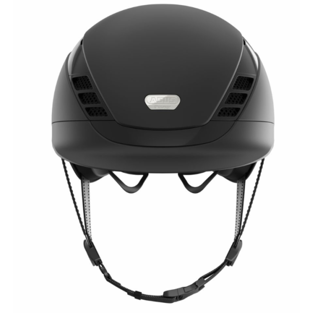 Sort Pikeur ABUS AirLuxe Pure mat ridehjelm med lille skygge og hagerem set forfra