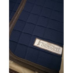 N�rbillede af marinebl�t Thermatex l�nded�kken med brun kant og logo