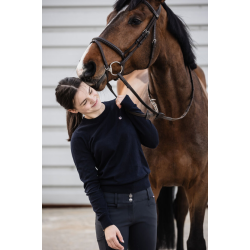 Kvinde sammen med brun hest if�rt navy Kingsland Kimi A-shape ridebukser