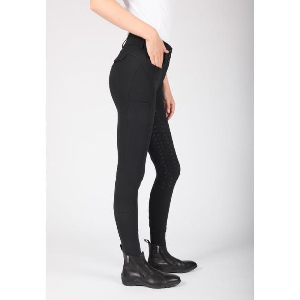 Kvinde if�rt sorte Kingsland Kimi A-shape ridebukser med fuldgrip set fra siden